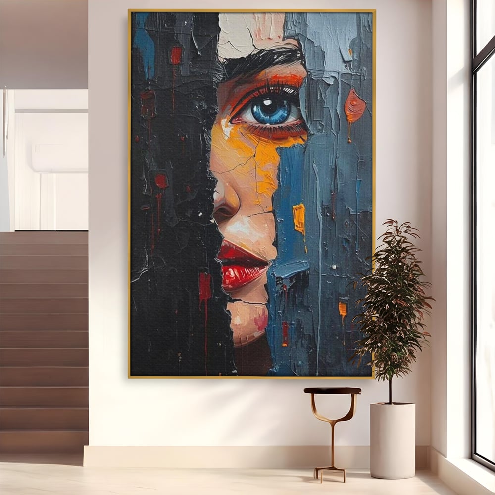 Tablou canvas cu tablou canvas cu portretul unei femei, in rama de aluminiu auriu